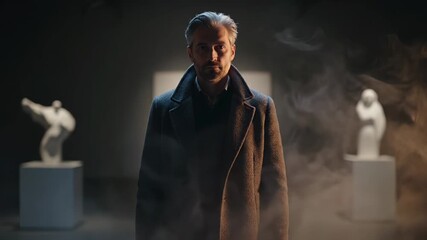 Standing man faces camera in museum. Senior portrait by statue. Sculpture pedestal with low fog. Coat and expression suggest mystery. Dramatic light creates cinematic tension. Moody narrative hints.