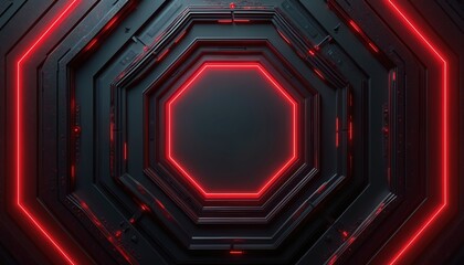Dark geometric octagon tunnel with glowing red neon lines. Futuristic digital portal abstract background. Sci-fi cyberspace grid structure. Tech design, virtual reality.