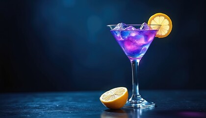 Vibrant blue purple martini drink with lemon garnish and ice cubes. Luxurious cocktail in elegant glass. Perfect for party or celebration themes. Refreshing beverage for summer nights.