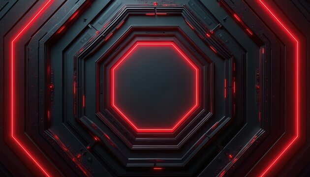 Dark geometric octagon tunnel with glowing red neon lines. Futuristic digital portal abstract background. Sci-fi cyberspace grid structure. Tech design, virtual reality.