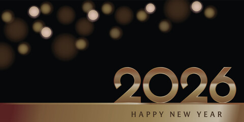 2026 and Happy New Year gold letters with gold bokeh background. Vector illustration.