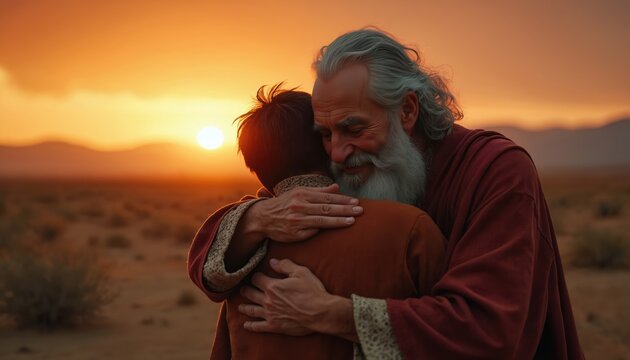 Elderly man with beard hugs younger person in desert at sunset. Father welcomes back son, showing love and forgiveness. Biblical story of reunion and redemption.