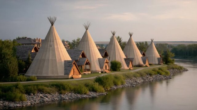 Scenic view of traditional teepees lined along a tranquil riverbank surrounded by lush greenery and calm waters at sunrise or sunset glow 4k video footage