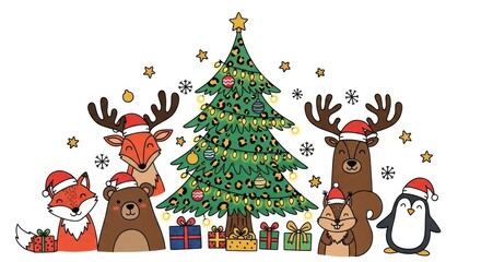 Obraz premium Cute christmas animals with tree and gifts illustration