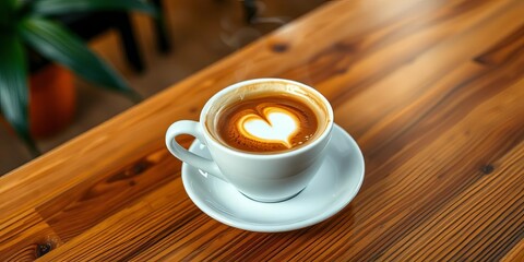 Steaming cappuccino in a white cafe cup on a wooden table, drinkware, hot drink