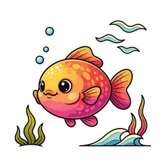 Cute Cartoon Colorful Fish Swimming Underwater. Happy Goldfish Character with Bubbles and Seaweed for Kids Design Vector Illustration.