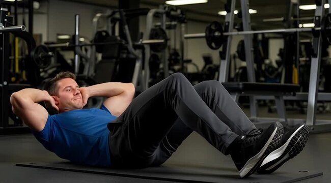 Man Doing Crunches on a Mat in a Gym