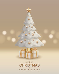Christmas tree decorated with gold ornaments and lights. Vector illustration.	
