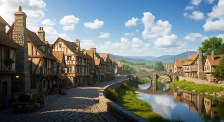 Fototapeta premium Charming Medieval Village with River and Rolling Hills.