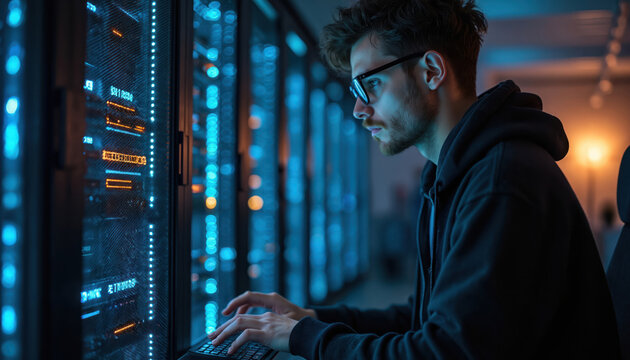 Young man with glasses works on computer in server room filled with glowing blue lights. Types on keyboard next to server racks with digital data displays. Specialist maintains computer systems,