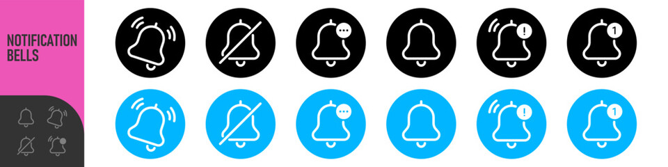 Notification bells icon. Ringing bell with new notification for alarm clock and smartphone application alert or new message. Bells is shaking to alert new notifications, ​for web site, logo, app, UI