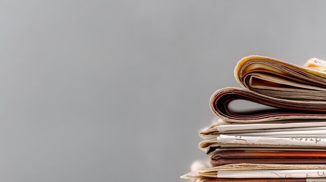 Stack of newspapers, various folded pages, against a plain gray background, close - up, copy space.