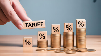 Hand placing wooden block with word tariff onto rising stack of coins representing economic growth and financial investment