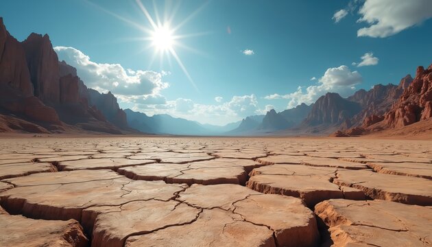 Cracked dry earth stretches across barren desert under bright sun. Distant mountains form horizon under hazy sky with sparse clouds. Vast arid landscape shows deep fissures in baked ground.