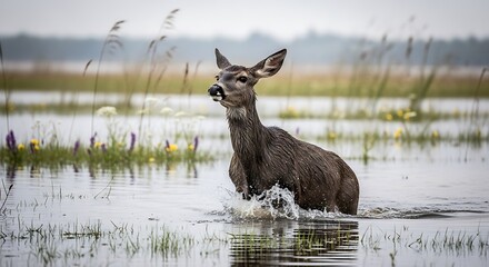 Graceful deer wading through shimmering marsh waters with wildflowers in bloom, a serene wildlife moment in a tranquil wetland habitat