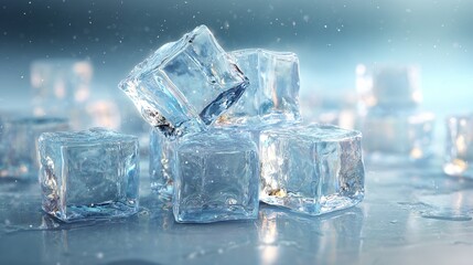 Icy cool refreshment concept featuring melting ice cubes on a reflective surface, perfect for beverage or summer designs creating thirst appeal