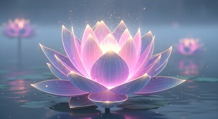 Ethereal glowing lotus flower on water, serene beauty, spiritual awakening, peaceful meditation concept.
