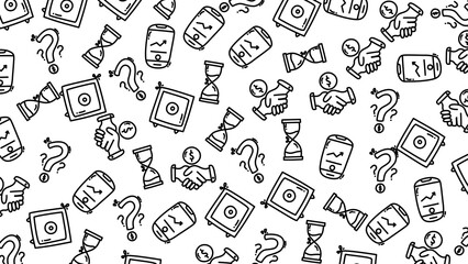 Hand Drawn Finance Doodle Pattern with Safe Mobile and Hourglass Icons