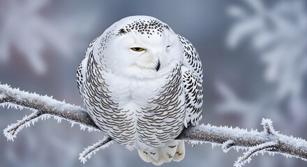 Majestic snowy owl perched on a frost-covered branch in a serene winter landscape.