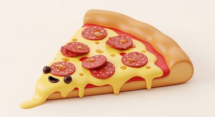 Whimsical pepperoni pizza slice character with melting cheese and a happy face, perfect for fun food designs and cheerful children's illustrations