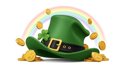 Celebrate St Patrick's Day with this vibrant green Leprechaun hat, lucky shamrock, and golden coin treasure under a bright rainbow for festive luck