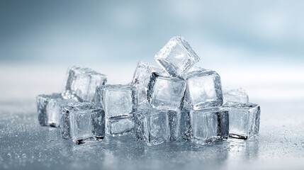 Obraz premium Refreshing ice cubes glistening with water droplets perfect for summer drinks and cool beverages in your promotional designs or product shots