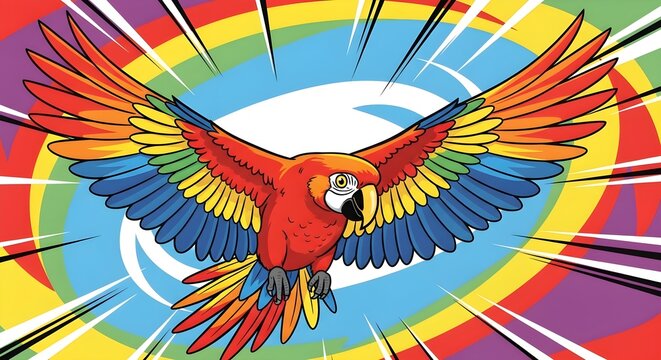Vibrant macaw flying towards viewer with comic book style rainbow burst background.