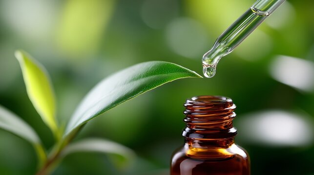 Fresh droplet falls from dropper into brown glass bottle among green leaves