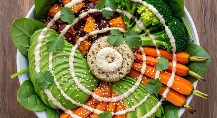 Healthy vegan buddha bowl with avocado carrots broccoli and quinoa healthy food