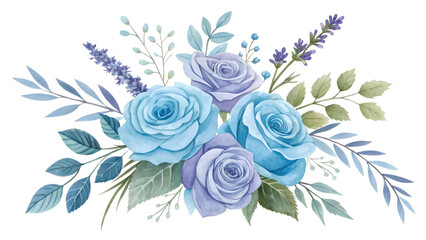 Flower arrangement with watercolor roses and lavender. Blue flowers isolated PNG.