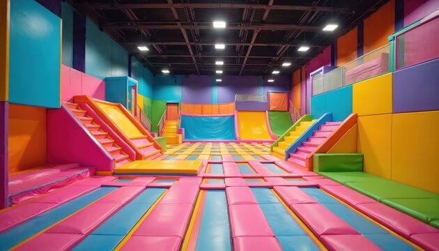 Indoor amusement center with colorful trampoline floors and soft play areas. This fun zone offers slides and padded steps for active kids recreation and birthday parties.