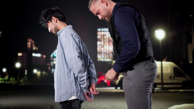 Police Officer Detaining Young Asian Man After Car Crash