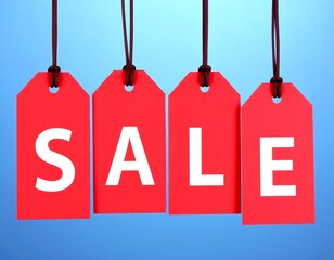 Four bright red price tags spelling "SALE" hang against a gradient blue background. The tags are evenly spaced and suspended by thin black cords