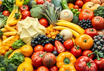 Vibrant colorful array of fresh fruits and vegetables,  bounty,  texture background