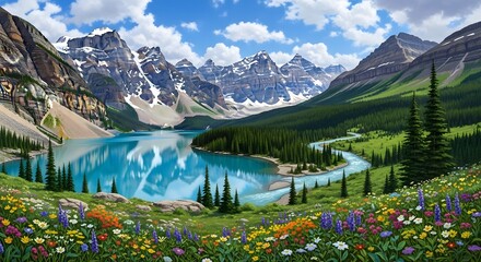 A vibrant painting of a mountain lake surrounded by towering snow-capped peaks, with a winding river flowing into the lake from the right. The clear turquoise water reflects the lush forests and sky, 