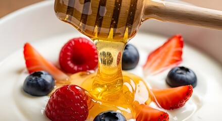 Honey drizzling onto yogurt with fresh strawberries blueberries and raspberries image