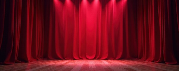 Deep red curtains dramatically part, illuminating a vacant stage with focused beams , background, opening act, velvet