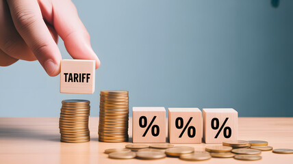 Hand placing a wooden block with the word tariff above stacks of coins and percentage blocks symbolizing economic impact and financial growth