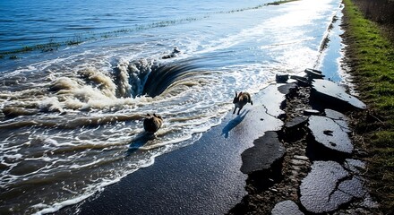Dramatic coastal erosion creating a powerful vortex with rabbits fleeing, showcasing nature's force and environmental change, perfect for awareness campaigns