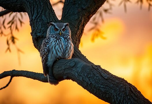 Wise owl perched on a sturdy oak tree branch at sunset, arboreal, outdoors - Powered by Adobe