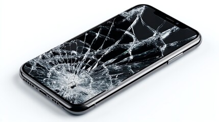 A close-up of a cracked smartphone screen highlighting damage and broken glass.