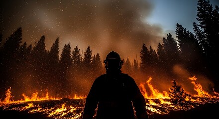 Brave firefighter silhouetted against raging wildfire, protecting our forests and communities with courage and determination during a critical situation