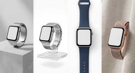 Various smartwatches with blank screens for mockup, showcasing different styles and materials watch mockup