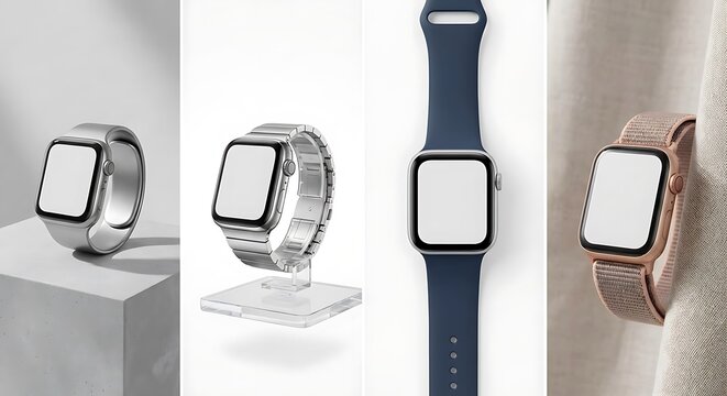 Various smartwatches with blank screens for mockup, showcasing different styles and materials watch mockup