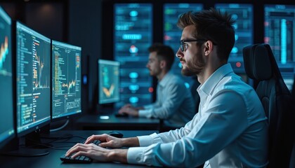 Man in glasses types code on multiple monitors in dark control room. Other programmers work nearby on computers displaying charts and data. Team analyzes system performance at night.