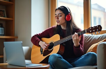 Young woman with headphones plays acoustic guitar and sings, following online tutorial on laptop. She practices music on couch indoors. Learning new song from screen.