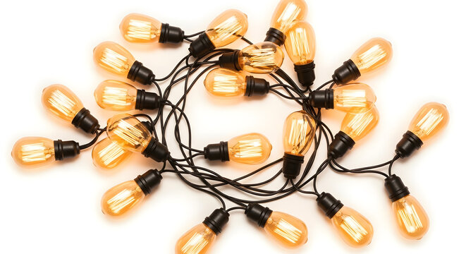 A tangled cluster of vintage-style decorative Edison string lights with a warm amber glow isolated on a clean white background - Powered by Adobe