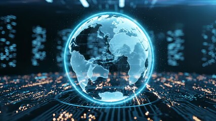 Digital globe glows above circuit board network. Global data connects through technology circuit. Digital world shows network connections. Globe floats over data circuit. Technology powers global - Powered by Adobe