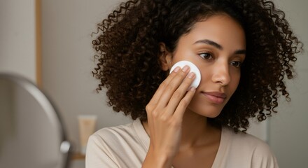 Woman cleaning face with cotton pad. Young female doing daily skin care routine. Healthy beauty and cosmetology concept.