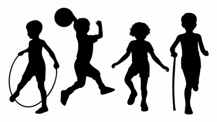 Obraz premium Captivating silhouettes of kids playing joyfully with a hoop, ball, and stick, perfect for children's illustrations and designs, scalable vector fun
